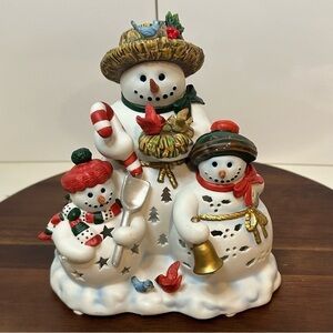 Vintage PartyLite Porcelain Snowbell Snowman Family Tealight Candle Holder